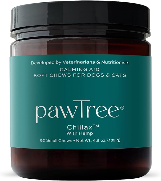 pawTree Chillax - Natural Calming Hemp Chews for Dogs and Cats - Formula to Relieve Stress and Tension; Ease Travel, Separation Anxiety and Soothe Fear - Small Soft Chews (60 Count)