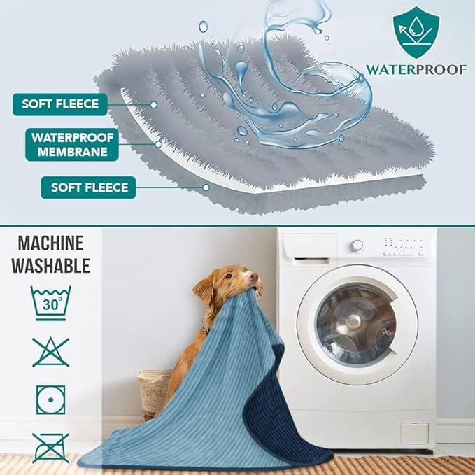 PetAmi Waterproof Dog Blanket, Leakproof Pet Blanket for Small Medium Large Dogs, Reversible Furniture Bed Sofa Couch Cover Protector, Plush Striped Pet Throw for Indoor Cat, 40x60 in, Navy Blue