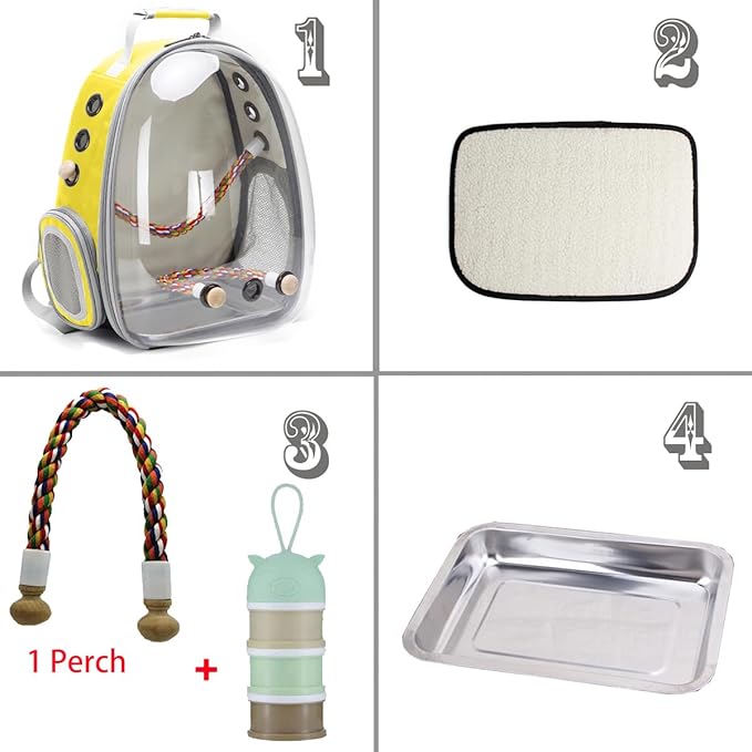 Bird Traval Carrier Cage, Clear Space Capsule Astronaut Backpack to Carry Parakeet Cockatiel Parrot with Metal Tray Wood Perch Bird Feeder, Vet Transport School Bag