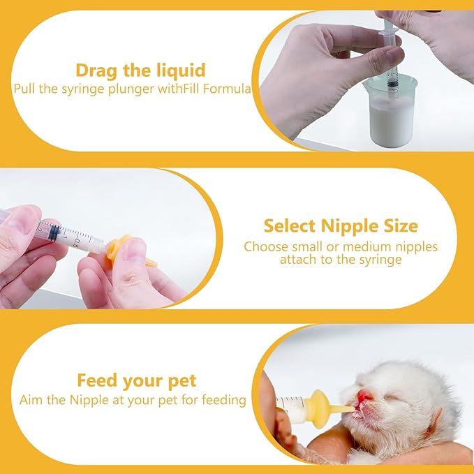 Kitten Nursing Nipple with Syringe, Wide Mouth Angled Puppy Feeding Bottles, with Ventilation Valve Resistant Tearing for Puppies, Kittens, Rabbit, Small Wildlife (S Nipple,Yellow)