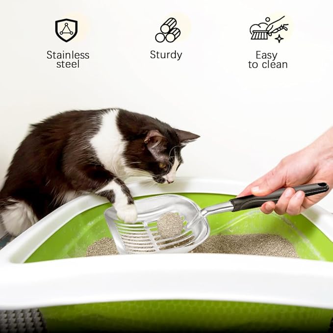 Cat Litter Scoop,Long Handle Cat Scooper,Aluminum Alloy Sifter Metal Scoop,Poop Sifting,Mesh Shovel,Suitable for Cat Litter Box, (Black)