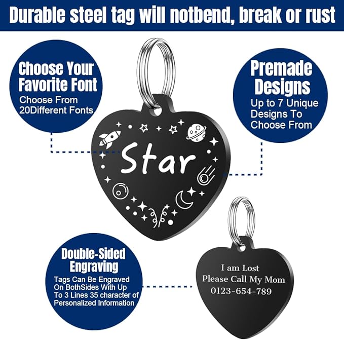 Personalized Dog Tags, Stainless Steel Pet Tags Personalized Cat, Collar Charm Engraved on Both Sides, up to 4 Lines of Custom Text, Multiple Patterns Colors Size Options (Star, Small)