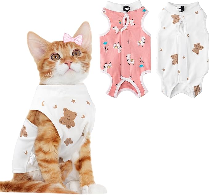 2 PCS Cat Recovery Suit Female Cat Onesie for Cats After Surgery Spay Abdominal Wounds, Kitten Surgery Recovery Suit Female Breathable E-Collar Alternative Kitten Onesie Anti Licking Medium