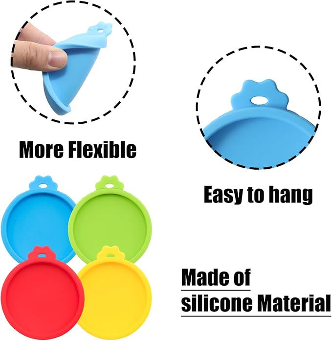 PINE & LINEN 4 Pcs 2.5inch Durable Pet Can Lids,Silicone Small Pet Can Covers Waterproof Cat Food Cans Lids for 3 oz Cat Food Cans(Green+Red+Yellow+Sky Blue)