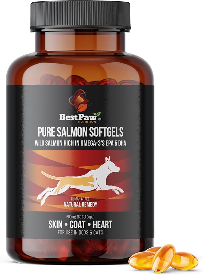 Best Paw Nutrition - Pure Salmon Soft Gels for Dogs & Cats - Omega 3 Capsules Supplement - Skin & Coat, Eyes, Heart Health - Joint Support Vitamins Pets Love - 500mg