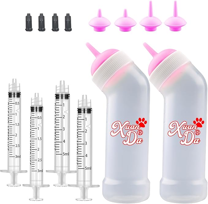 Kitten Nursing Nipple with Syringe, Wide Mouth Angled Puppy Feeding Bottles, with Ventilation Valve Resistant Tearing for Puppies, Kittens, Rabbit, Small Wildlife (M Nipple,Pink)
