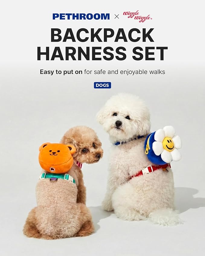 PETHROOM × Wiggle Wiggle Smile We Love Harness Set – Cute Dog Harness with Matching Leash & Backpack, Comfortable Walk & Travel Gear for Small to Medium Dogs, Medium