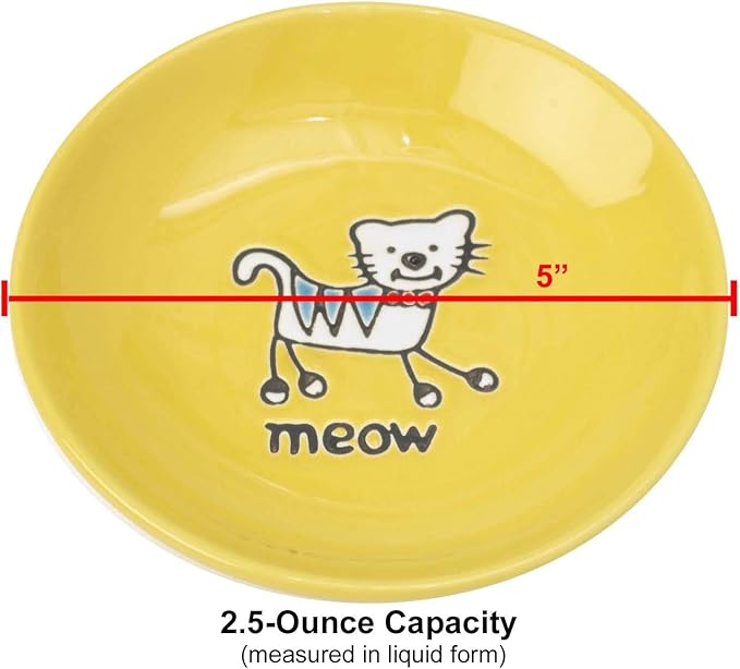 PetRageous 11019 Silly Kitty Dishwasher and Microwave Stoneware Cat Saucer 5-Inch Diameter 2.5-Ounce Capacity for Wet or Dry Cat Food Great For All Cats, Yellow