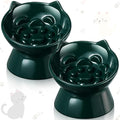 2 Pcs Ceramic Elevated Slow Feeder Cat Bowl Cute Tilted Anti Vomiting Raised Cat Bowl for Dry Wet Food and Water Easy to Clean High Edge Pet for Small Dogs(Dark Green)