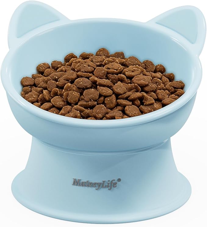MateeyLife Raised Cat Bowls, Cat Food Bowl Elevated for Kittens & Small Dogs, 15°Tilted Protect Pets' Neck and Anti Vomiting, Whisker Friendly Food & Water Feeding Bowl, 6 oz Each - Blue