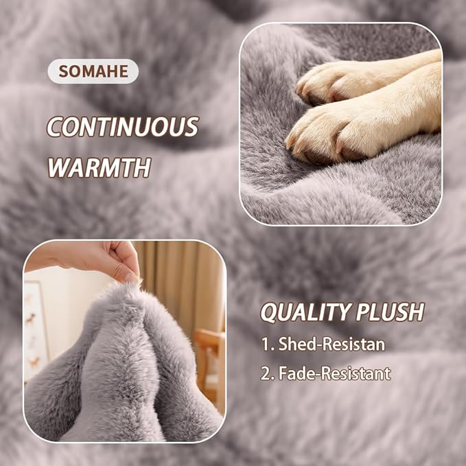Self-Warming Dog Bed, Plush Faux Fur Mat with Anti-Slip Bottom, Ultra Soft Heated Pet Bed for Medium Large Dogs, Cozy Fluffy Pad for Carriers Couch Crate, Machine Washable, 35 x 27 Inch Grey