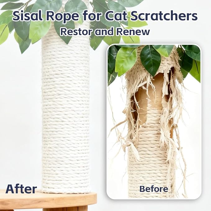 Natural Sisal Rope for Cat Scratcher Replacement, Durable Cat Tree Post Repair Cord for DIY Projects, Climbing Towers, Furniture Protection, Scratch Pad, Crafts, Garden, and Home Décor Use