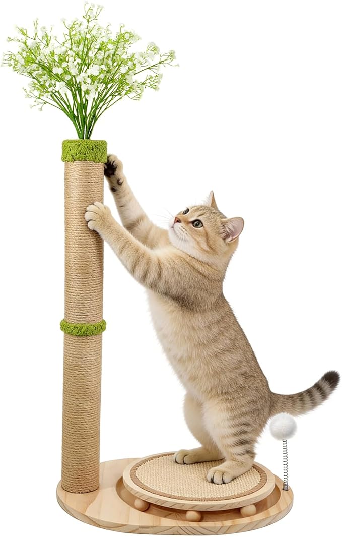 Cute Babys Breath Flower Cat Scratching Post,Tall Cat Tree, Interactive Cat Toys with Ball Track & Spring Ball, Cat Scratcher with Pad for Indoor Cats Adults and Kittens
