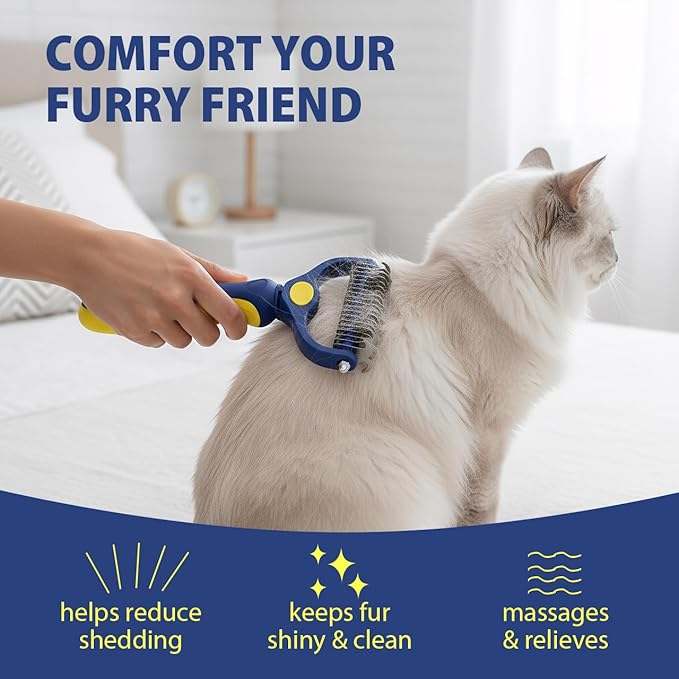 Professional Double-Sided Pet Grooming Rake, Blue and Yellow Deshedding Tool for Dogs and Cats, Undercoat Dematting Brush for Long Hair Pets