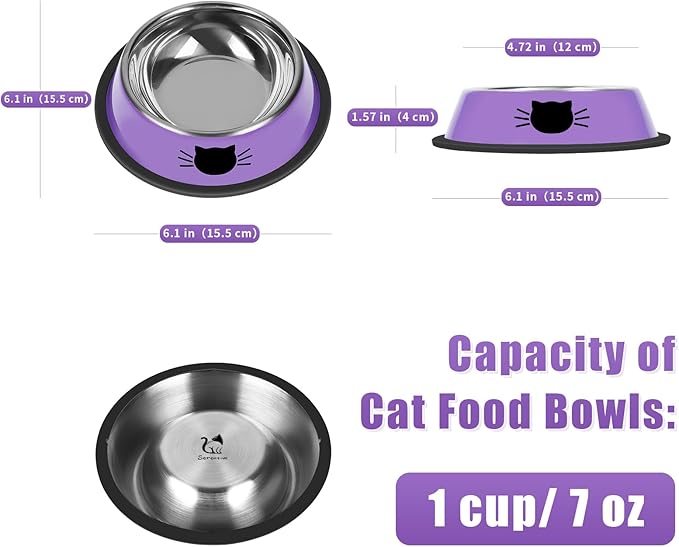 Serentive 3Pcs Cat Bowls, Non-Slip Stainless Steel, 7 Oz, Suitable for Indoor Pets, Removable Rubber Base, Lovely Color