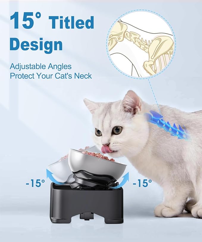 Elevated Cat Bowls, 15° Tilted in Both Way & 4 Height Adjustable Raised Cat Food Bowl, Cats Dish for Food and Water with 2 Stainless Steel Bowls, Anti Vomiting for Cats Puppy, Non-Slip No Spill