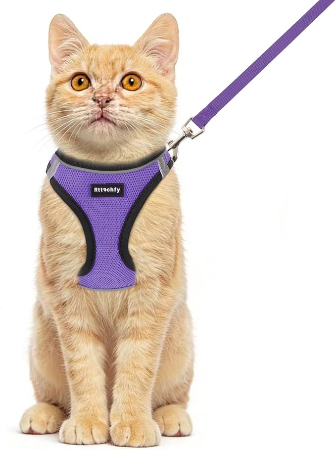 Rttochfy Cat Harness and Leash Set, Escape Proof Kitten Harness, Soft and Breathable Vest with Reflective Strip, Easy to Wear for Cats Walking and Traveling (BK Dark Purple, S)