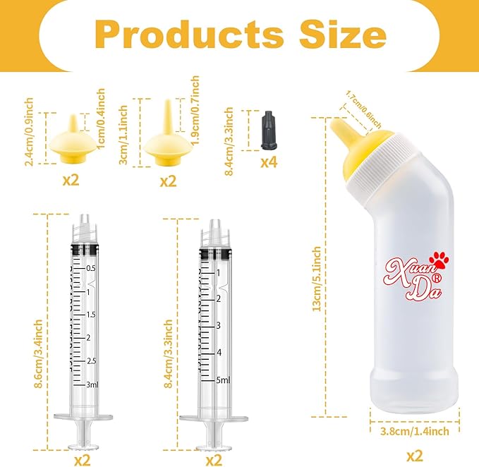 Kitten Nursing Nipple with Syringe, Wide Mouth Angled Puppy Feeding Bottles, with Ventilation Valve Resistant Tearing for Puppies, Kittens, Rabbit, Small Wildlife (L Nipple,Yellow)
