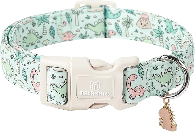 Maca Bates Spring Green Cute Dinosaur Basic Dog Collar for Small Boy Girl Dogs,Durable Soft Adjustable Collars Gift for Male Female Puppy Pet with Safety White Buckle