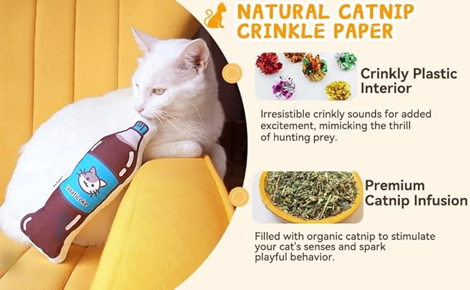 Large Size Premium Catnip Toy - 100% Original - Durable and Easy Clean - Crinkly & Squishy - Cat Gift - Cola Coke Size of Cats - Self Play for High Energy Indoor Cats