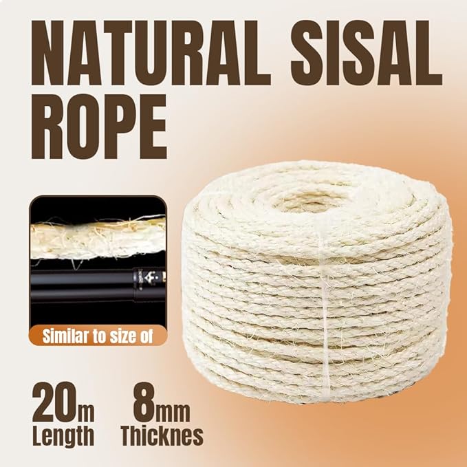 Natural Sisal Rope for Cat Scratcher Replacement, Durable Cat Tree Post Repair Cord for DIY Projects, Climbing Towers, Furniture Protection, Scratch Pad, Crafts, Garden, and Home Décor Use