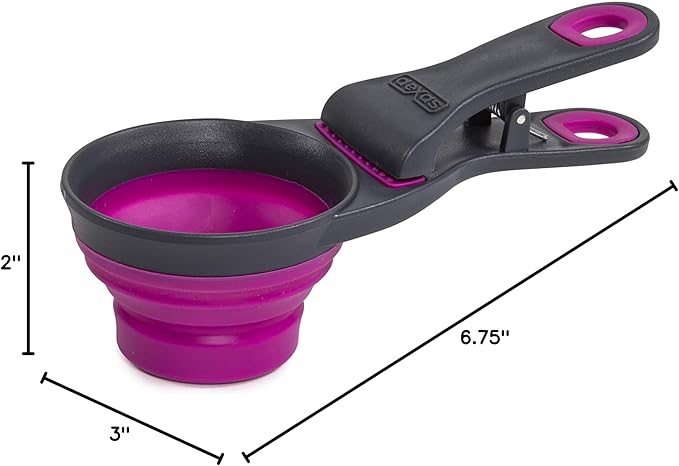 Dexas Pets Collapsible KlipScoop Collapsible Dry Dog Food Scoop and Dog Food Bag Clip, 1/2 Cup Capacity, Fuchsia (PW6504322405)