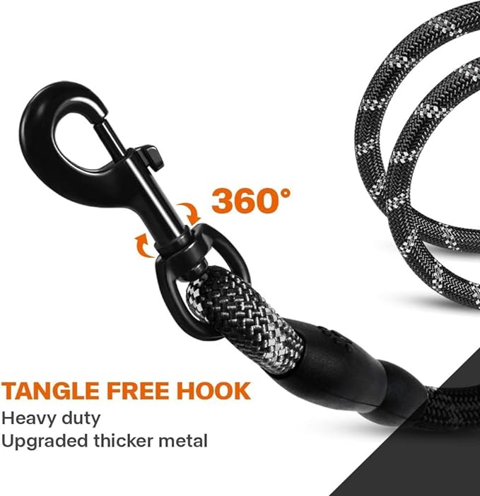 Taglory Rope Dog Leash 4 FT with Comfortable Padded Handle, Highly Reflective Threads Leash and Anti-Tangle Clip for Walking Small Dogs, 3/8 inch, Black