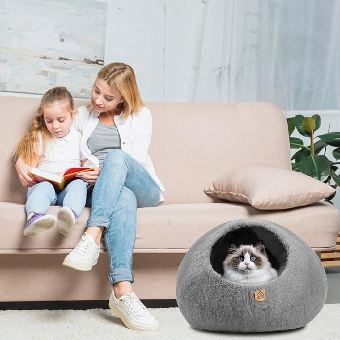 Wool Cat Cave, Handmade Felted Wool Cat Bed for Indoor Cats, Cozy Pet Hideout Pod, Natural Cat House for Kittens & Small Cats, Warm, Durable & Stylish Cat Condo (Medium, Plain Gray)