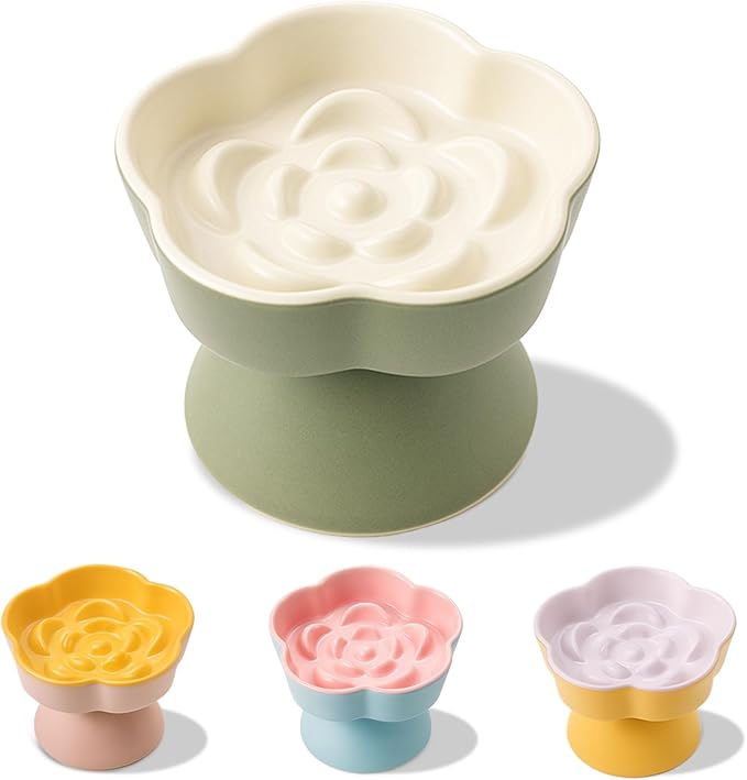 Tilted Cat Bowl, Flower-Shaped Ceramic Slow Feeder Cat Bowl, Raised Pet Bowl for Whisker Relief, Prevents Vomiting & Bloating, Non-Slip Base, Easy to Clean for Dry/Wet Food (Cream & Mint Green)
