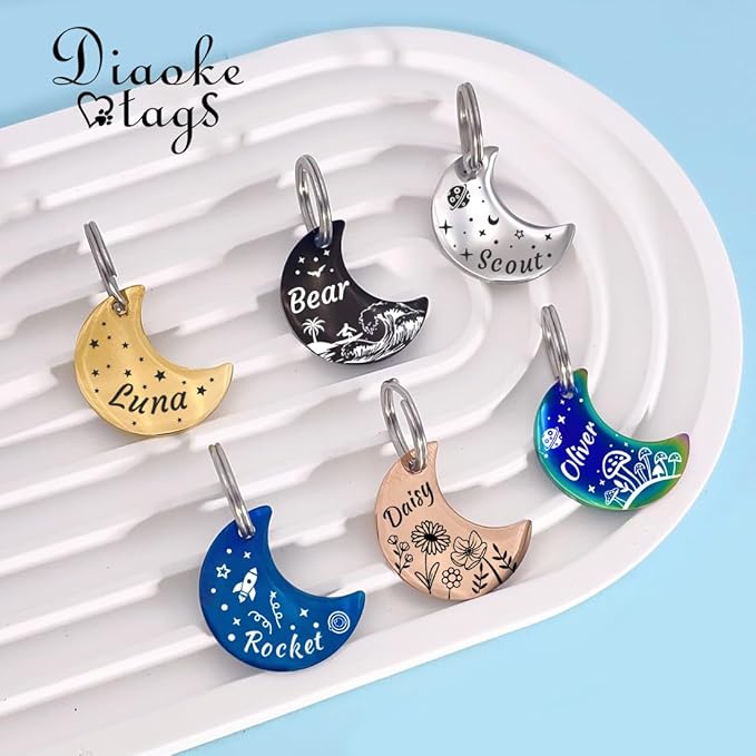 Personalized Dog Tags and Cat Tags, Stainless Steel Pet ID Tags, Collar Charm Engraved on Both Sides, up to 4 Lines of Custom Text, Various Patterns and Colors Options (Moon)