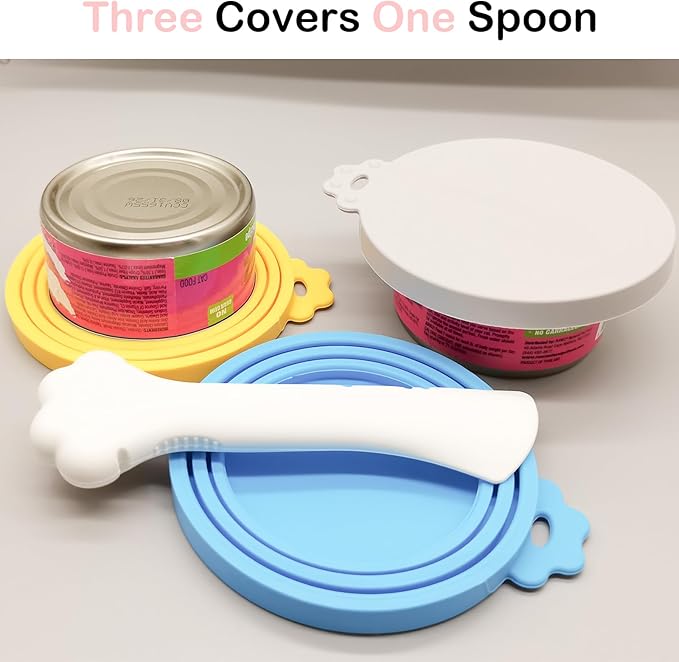 Cat Food Can Covers Lids & White Spoon, Pink/Grey/Green Lids, Can Covers for Dog/Cat Food Cans, Fit 3 Standard Size Pet Food Cans, Spoon with Opener Paw & Mini Spatula