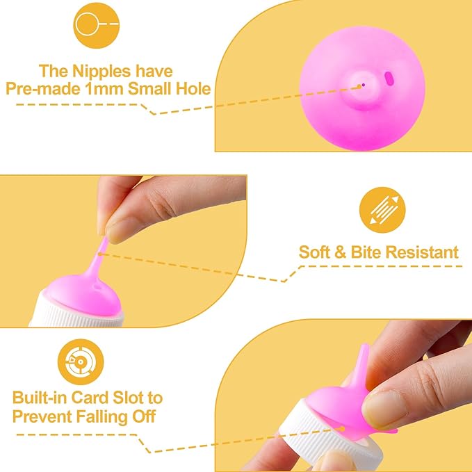 Kitten Nursing Nipple with Syringe, Wide Mouth Angled Puppy Feeding Bottles, with Ventilation Valve Resistant Tearing for Puppies, Kittens, Rabbit, Small Wildlife (M Nipple,Pink)
