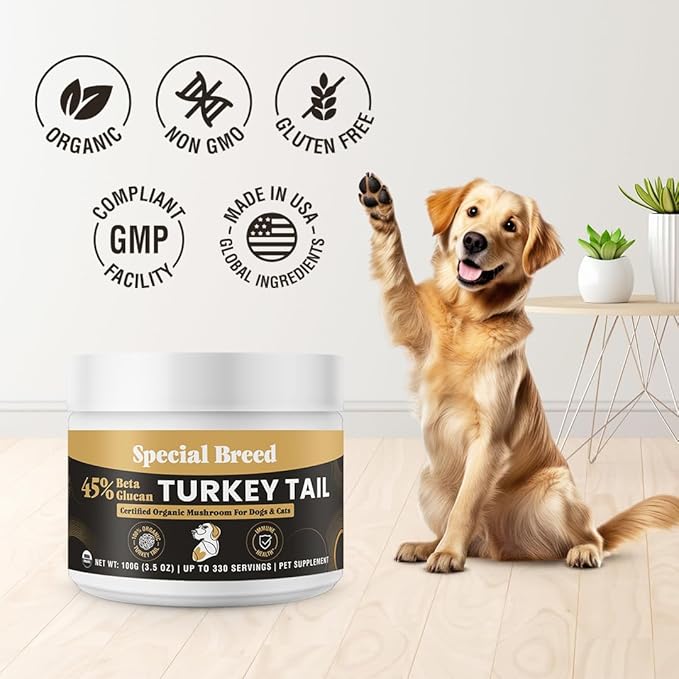 Organic Turkey Tail Mushroom for Dogs and Cats, 45% Beta Glucan Standardized, Hot Water Extracted Whole Fruiting Body, Third Party Tested, Immune and Gut Support, No Fillers, Made in USA, 330 ct