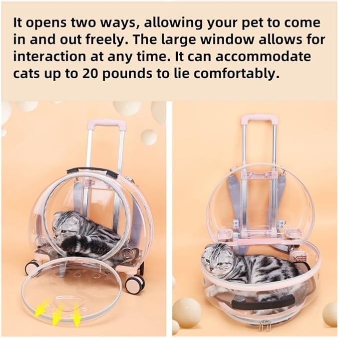Rolling Cat Carrier, PC Materials Hard Shell Cat Carrier, Pet Carrying Case with Clear Window, Pet Carrier with Pull Rod(Dark Pink)