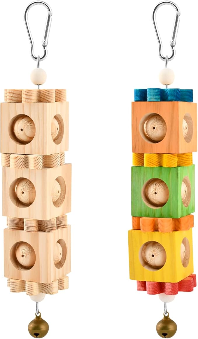 2 Pcs Wooden Bird Chew Toys for Beak Grinding, Hanging Parrot Rotating Wood Block with Bell Parrot Foraging Enrichment Toy for Parakeet, Cockatiel, Conure
