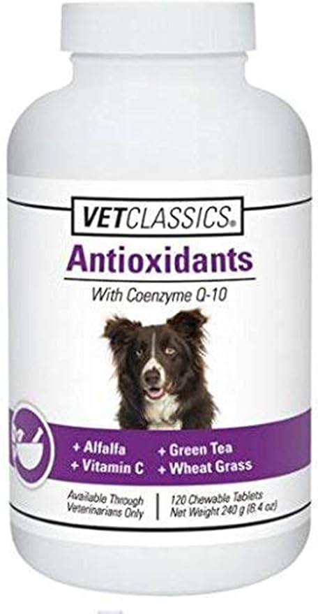 Vet Classics Coenzyme Q-10 Antioxidant Dog Supplement – Pet Health Supplement for Dogs – Supports Overall Dog Wellness, Aging – Includes Green Tea, Vitamin C, Wheat Grass – Chewable Tablets 120 Ct.
