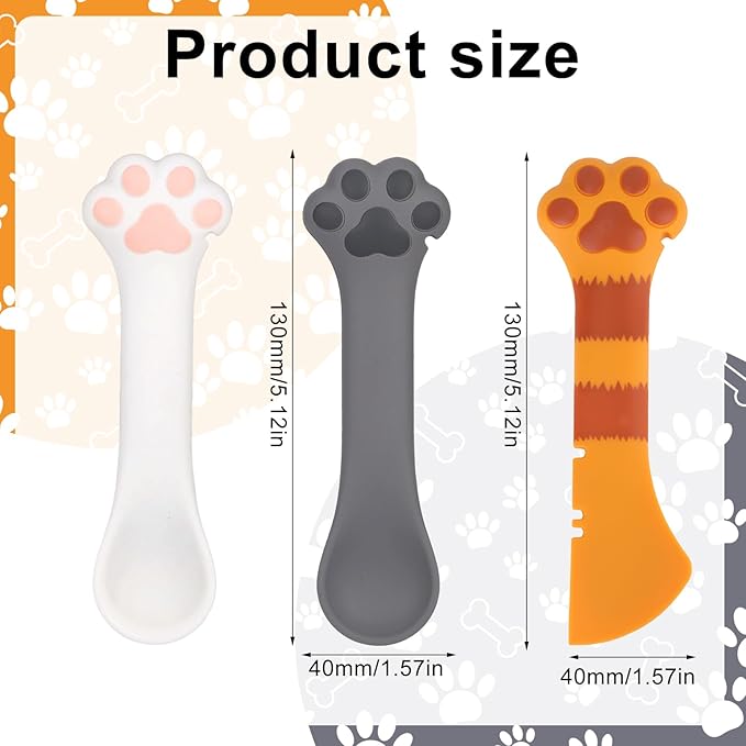 TOYMIS 3 Pcs Dog Cat Food Spoon, Adorable Paw Scoop for Wet Dry Food Silicone Can Opener Multifunctional Pet Spatula & Mixing Tool for Cat Dog Supplies (White, Orange, Dark Grey)