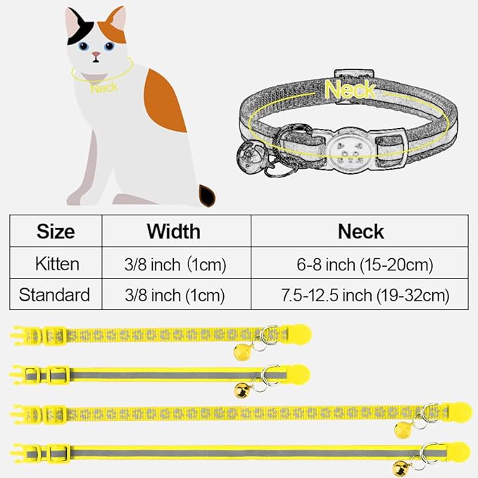 Taglory Reflective Cat Collar Breakaway with Bell, High Visibility Night Strip, Lightweight Adjustable Nylon Collar for Boy Girl Cats, 2 Pack, 7.5-12.5 Inch, Yellow