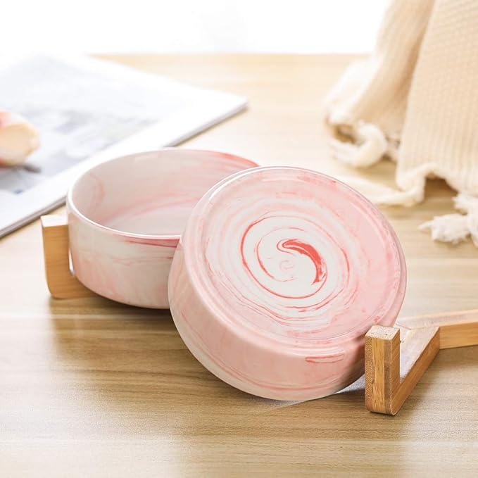 Marble Pink Ceramic Cat Dog Bowl Dish with Wood Stand No Spill Pet Food Water Feeder Cats Small Dogs Set of 2