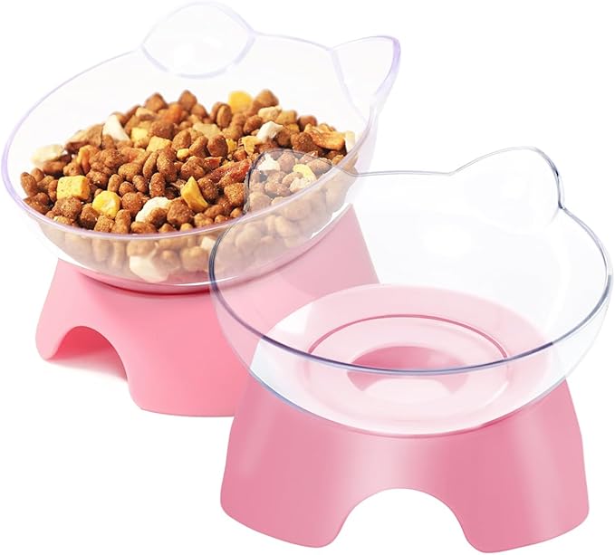 MILIFUN Raised Cat Food Bowls with Stand, Cat Dishes for Food or Water, Cats Tilted Bowl, Pet Dish with Stand (Pink Double Bowl)