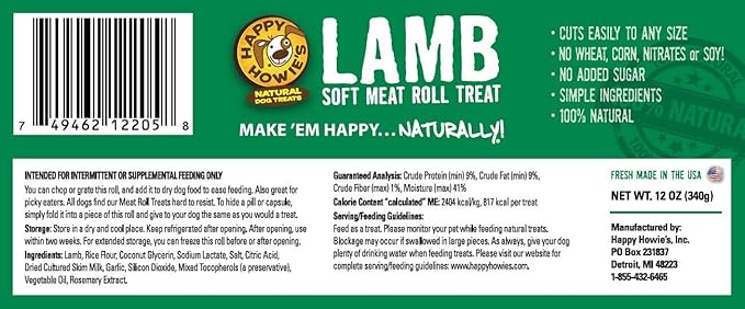 Happy Howie's Soft Meat Roll Treat - Soft Dog Food Rolls, Natural Ingredients, for All Dogs, Made in USA - Beef, Lamb, Turkey, 7 Oz (Pack of 6)