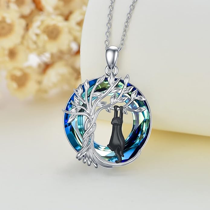 TOUPOP Cat Gifts for Cat Lovers Sterling Silver Cute Cats Tree of Life Pendant Necklace with Blue Circle Crystal Birthday Christmas Jewelry Gifts for Women