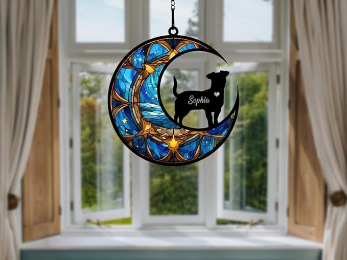 NAZENTI Personalized Dog Suncatcher Memorial Ornament, Dog on Moon for Suncatcher Gifts, Memorial Gift Loss of Dog, Gifts for Dog Lovers Loss of Dog, Memory Remember Dog, Sympathy Dog Window A06