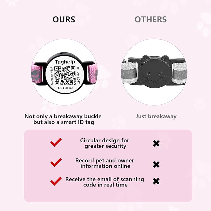 Airtag Cat Collar Breakaway with Bell & Reflective Design - Cute Paw Print Kitten Collar with Apple Airtag Holder & Safety Buckle - Perfect Pet Supplies, QR Code & Gifts for Girl & Boy Cats (Pink)