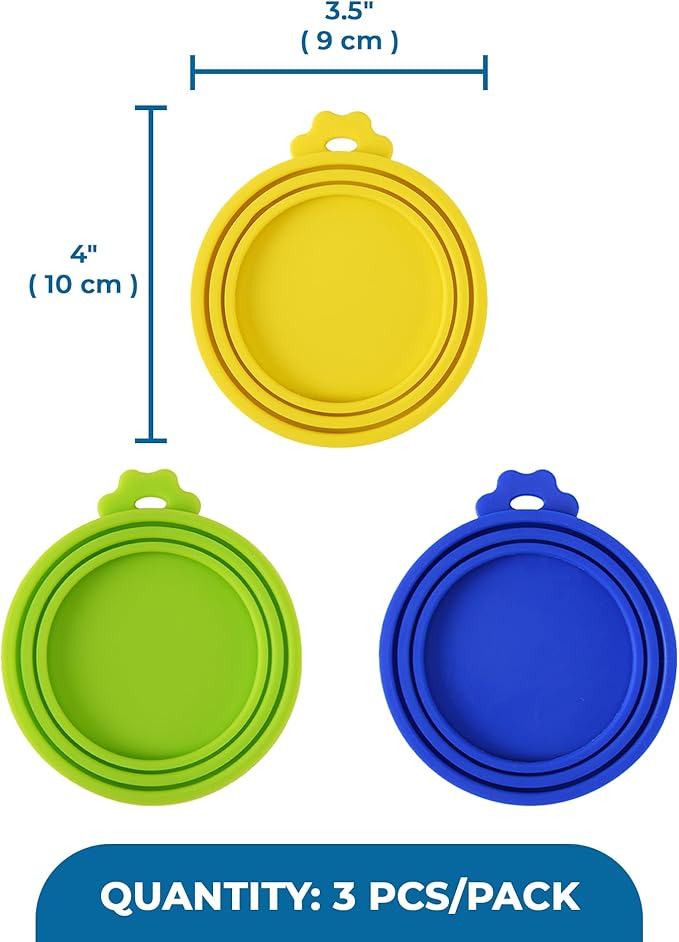 SunGrow Cat Food Can Lids, Durable and Flexible Silicone Wet Pet Food Can Covers, Universal Fit Storage Toppers, Dishwasher-friendly, Yellow, Blue, Green, 4” x 3.5”, 3 Pcs Per Pack