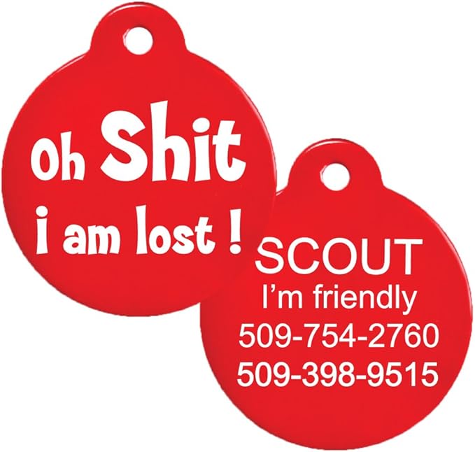 GoTags Funny Dog and Cat Tags Personalized with 4 Lines of Custom Engraved Text, Dog and Cat Collar ID Tags Come with Glow in The Dark Silencer to Protect Tag and Engraving, (Oh Shoot)