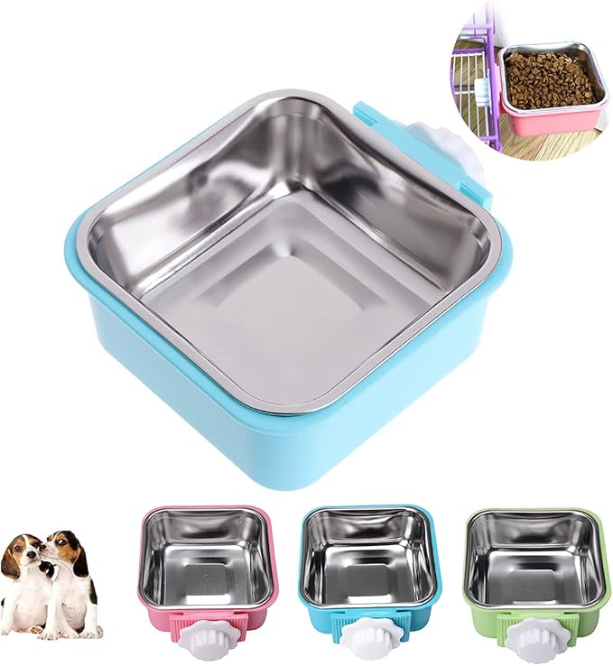 Love Dream Crate Dog Cat Bowls, Hanging Pet Cage Food Water Feeder with Removable Stainless Steel Bowls and Bolt Holder for Puppy Cat Rabbit Birds (Small, Blue)