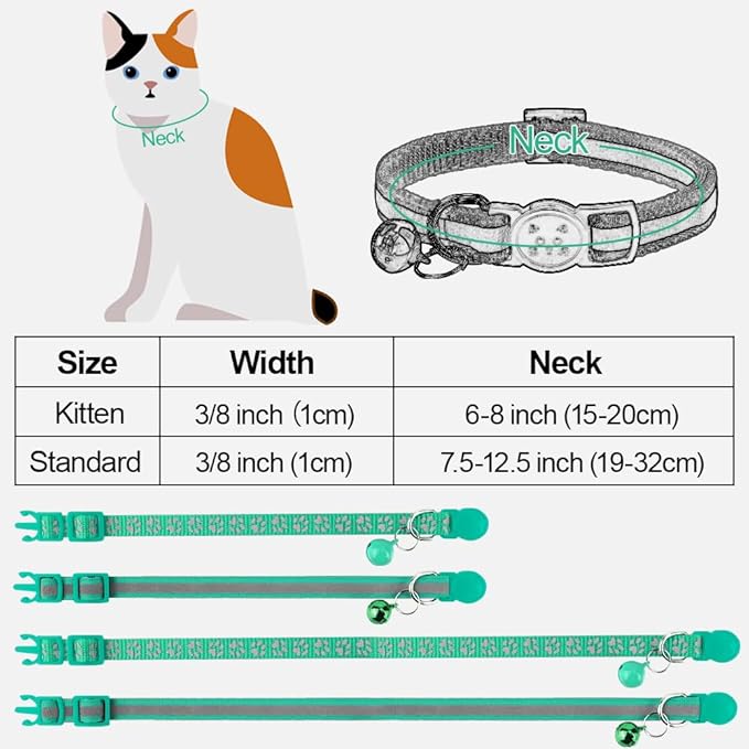 Taglory Reflective Cat Collar Breakaway with Bell, High Visibility Night Strip, Lightweight Adjustable Nylon Collar for Boy Girl Cats, 2 Pack, 7.5-12.5 Inch, Turquoise