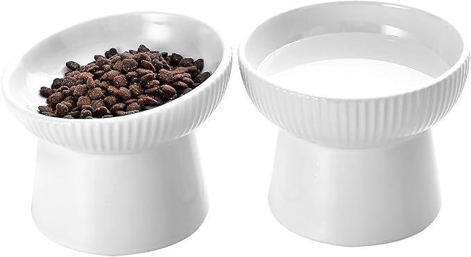 Elevated Cat Food Bowl, Ceramic Raised and Tilted Water Bowl, Whisker Fatigue Cat Bowls for Indoor Cats, Anti Vomiting and Protect Spines Pet Feeding Dishes for Kittens Small Dog, Heavy Non-Slip Base