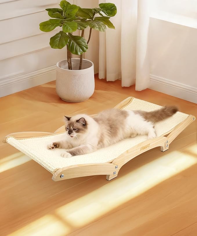 Cat Scratcher Bed with Sisal & Solid Wood Base, Extra Large Cat Scratch Pad for Scratching, Lounging & Sleeping, Stable Anti-Tip Design, Paint-Free & Eco-Safe, Easy Assembly, 34”